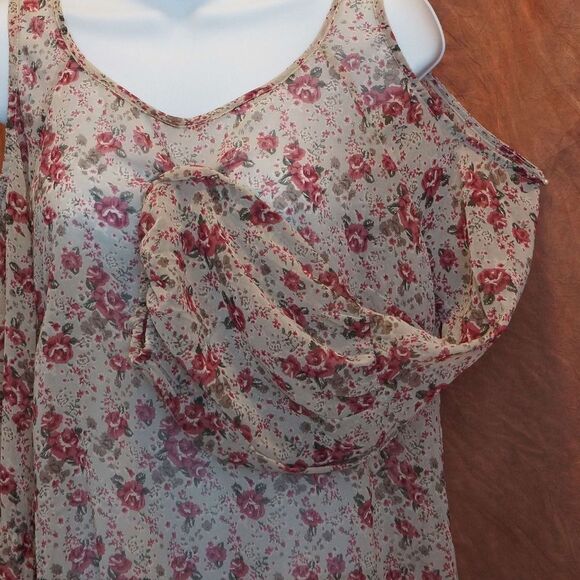 A'Reve Roses On Tan Sheer Cold Shoulder Blouse w/ Lace Racer Back  Bishop sleeve - Picture 6 of 7